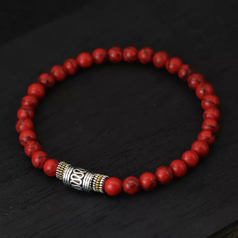 Bracelet tibétain perles jaspe rouge détail veinures naturelles
