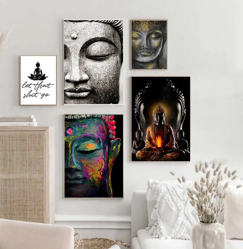 Poster Bouddha souriant impression sur toile fond neutre format vertical