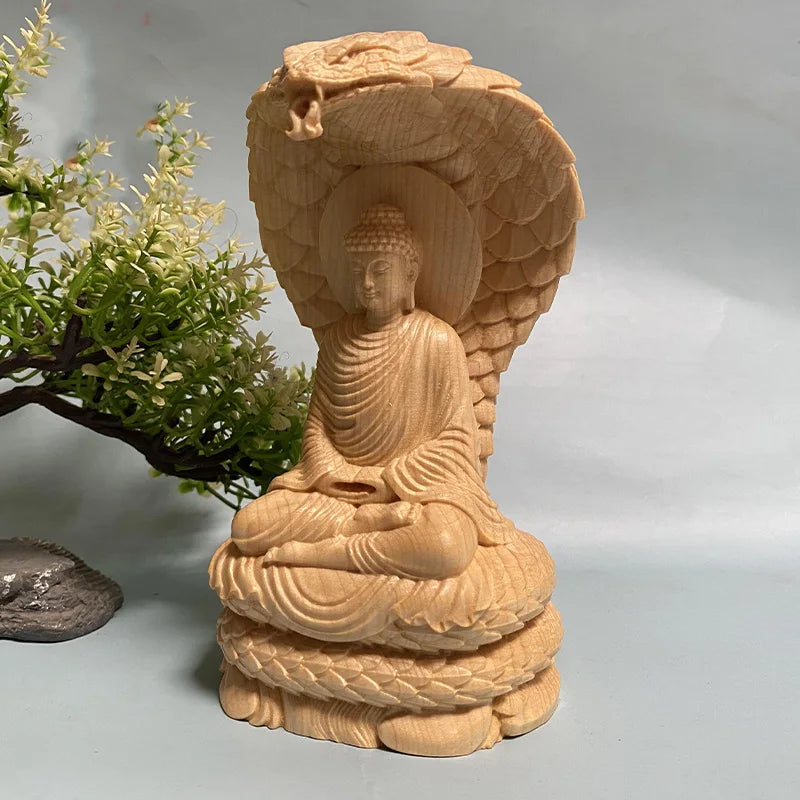 Statue Bouddha et Naga en Bois Massif