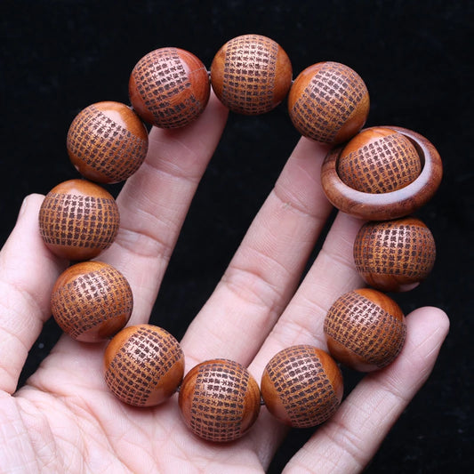 Bracelet tibétain perle bois homme 20 mm avec mantra Om Mani Padme Hum gravé