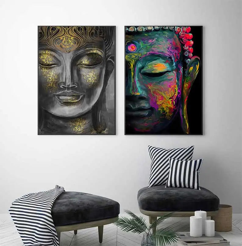 Affiche Bouddha souriant format 25x35 cm dans un salon minimaliste