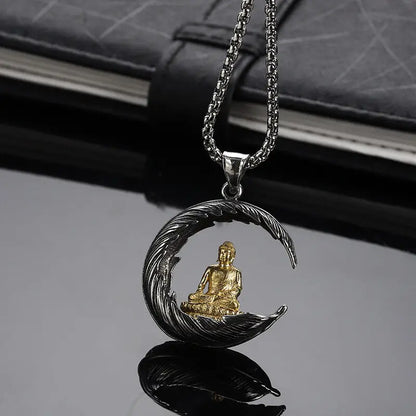 Pendentif Bouddha lune en alliage de zinc, coloris jaune clair, motif croissant