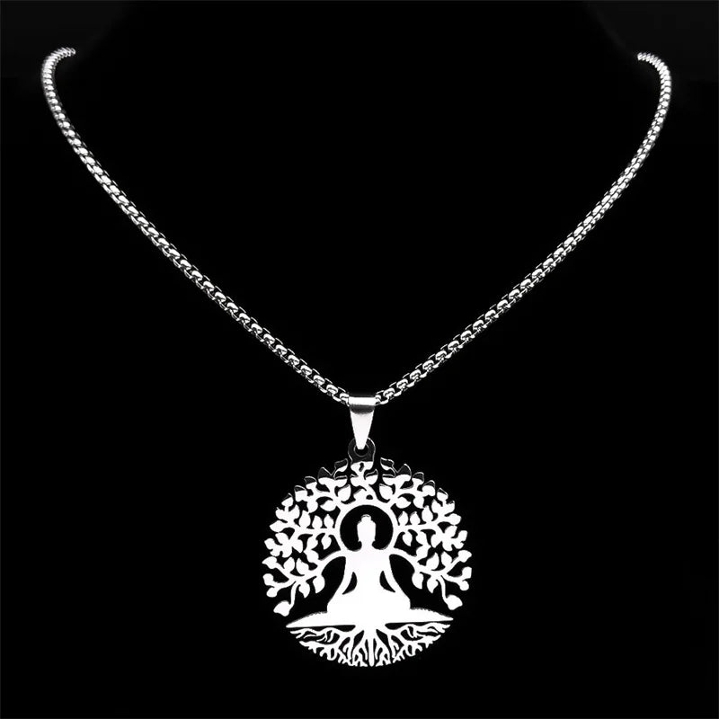 Bijou bouddhiste unisexe pendentif Arbre de Vie porté sur peau nue