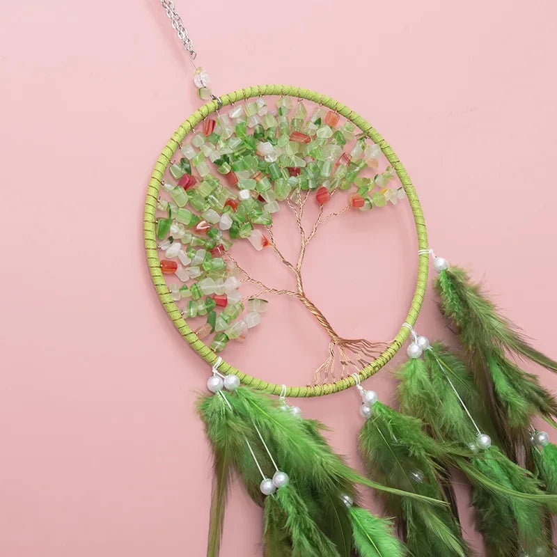 Plumes et fils de l'attrape-rêve arbre de vie vert, coloris Evergreen