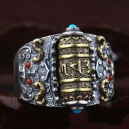 Bague bouddhiste tibétaine en cuivre motif géométrique vue de profil