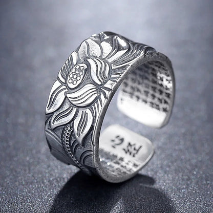 Bague bouddhiste homme lotus, anneau ouvert réglable, détail du motif padma