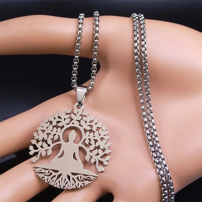 Pendentif Bouddha dhyana mudra et arbre de la Bodhi, acier argenté