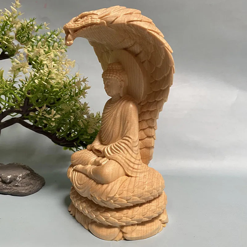 Statue Bouddha et Naga en Bois Massif