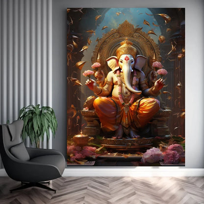 Tableau Ganesh sur toile canvas format 30x40 cm, tons chauds dorés