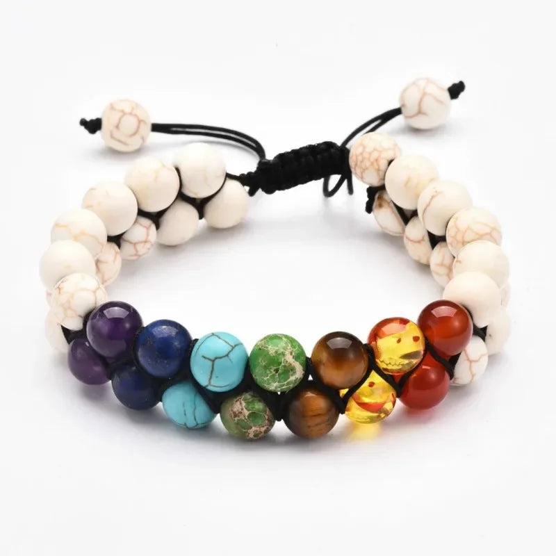 Bracelet 7 chakras double coloris blanc lacets coulissants ajustables