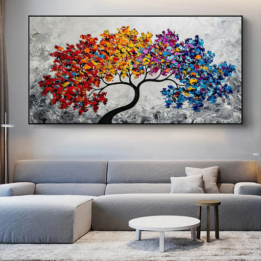 Tableau arbre de vie coloré sur toile polyester, branches fleuries multicolores, format vertical