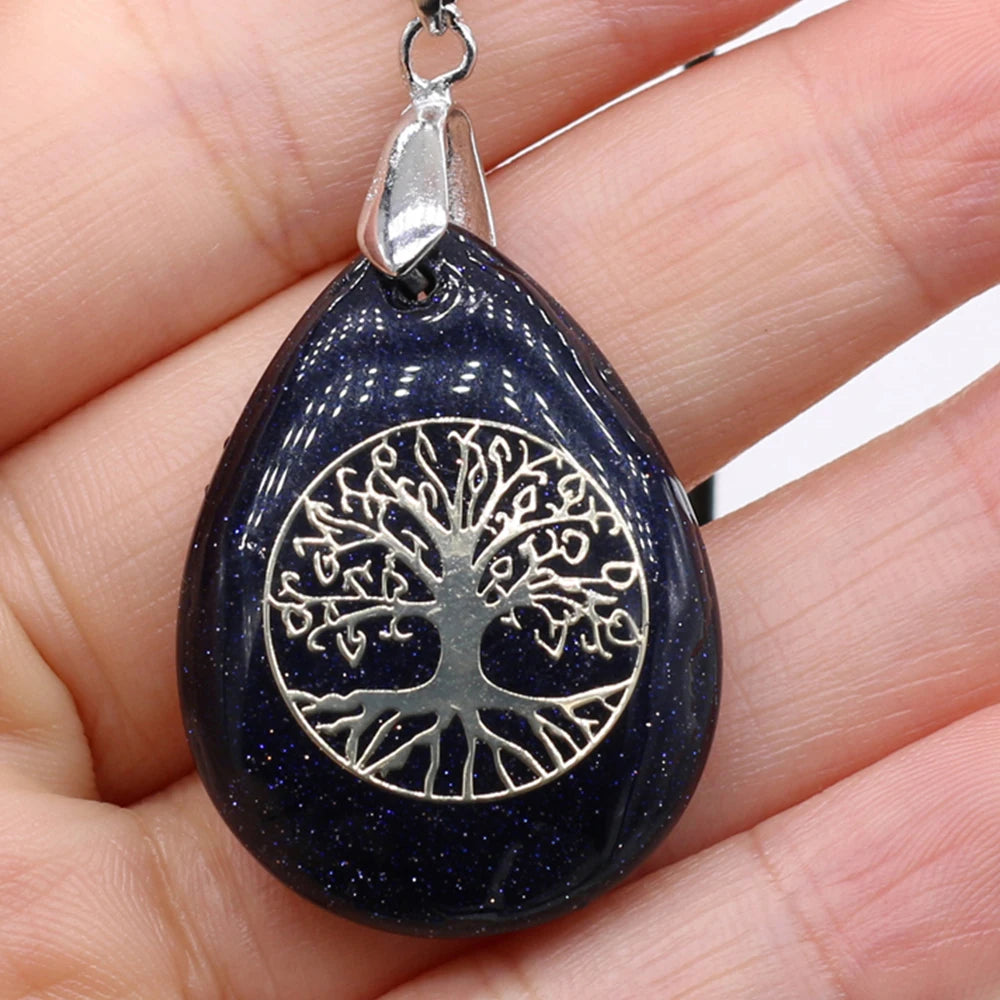 Pendentif Arbre de Vie quartz cristal, pierre semi-précieuse transparente, détail monture