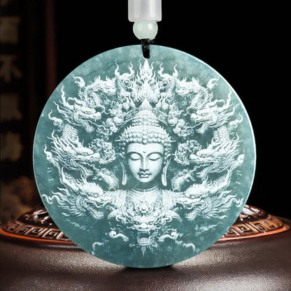 Détail gravure Bouddha sur disque jade naturel birman, relief central bhumisparsha mudra