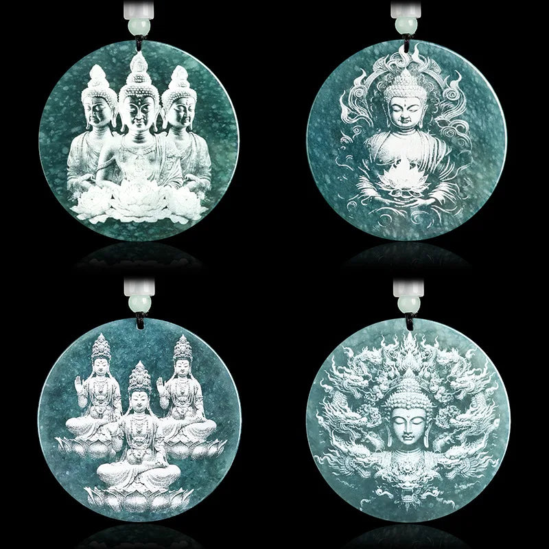 Pendentif jade birman Bouddha bhumisparsha mudra, disque rond 55 mm, teinte bleu-vert
