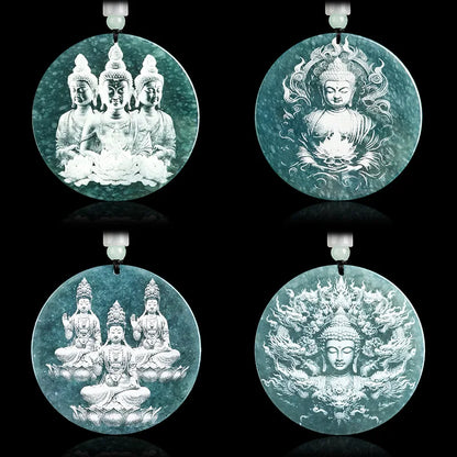 Pendentif jade birman Bouddha bhumisparsha mudra, disque rond 55 mm, teinte bleu-vert