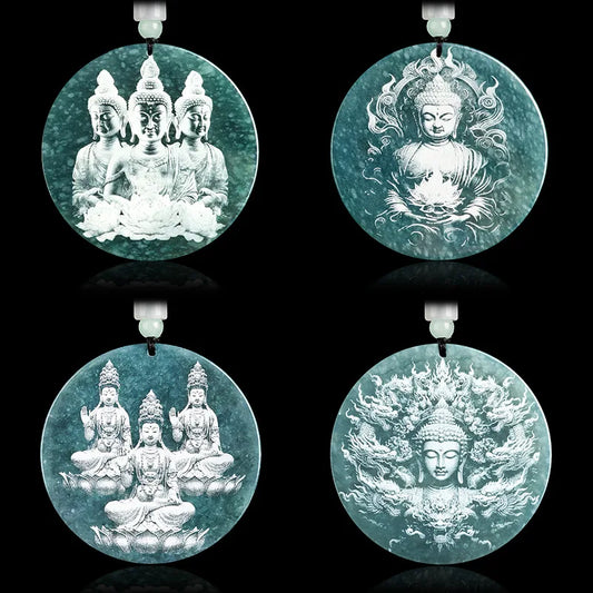 Pendentif jade birman Bouddha bhumisparsha mudra, disque rond 55 mm, teinte bleu-vert