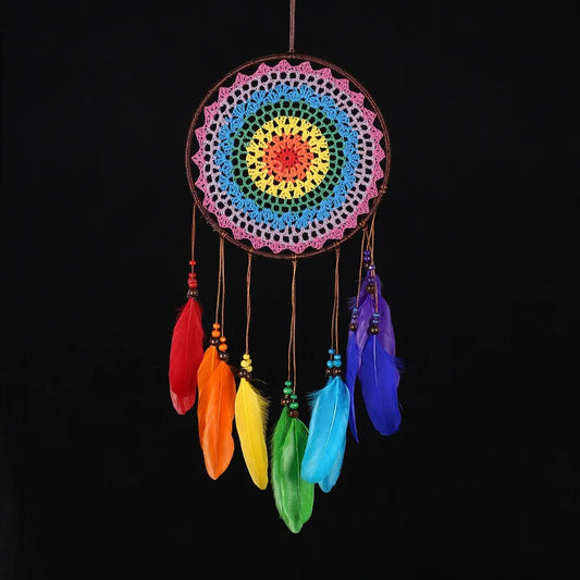 Attrape-rêve 7 chakras en métal, vue d'ensemble des sept anneaux colorés