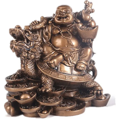 Bouddha Rieur Tortue Dragon - Bronze / 12x8.5x12cm