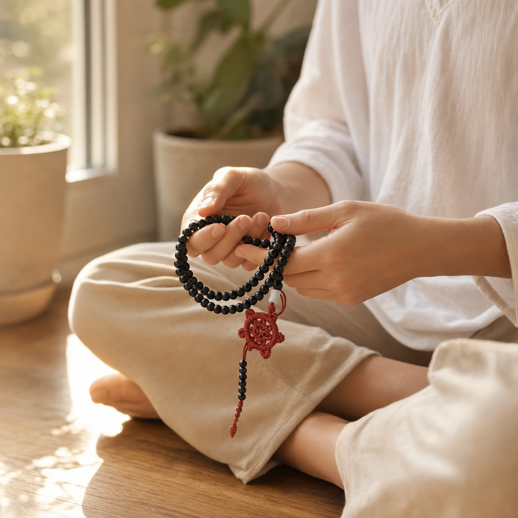 Mala Tibétain en bois de santal en situation