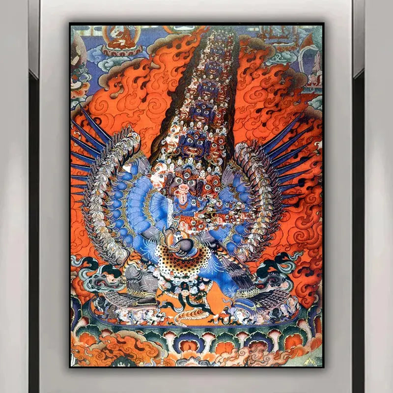 Tableau thangka bouddhiste accroché au mur salon espace méditation décoration zen