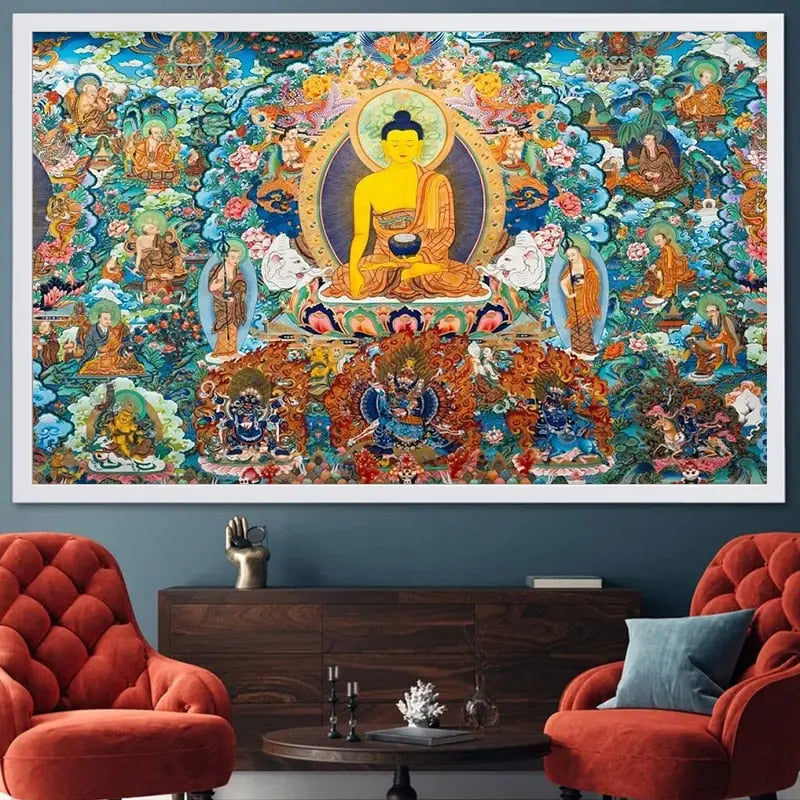 Tableau thangka bouddhiste composition mandala Vajrayâna couleurs vives sur toile imperméable