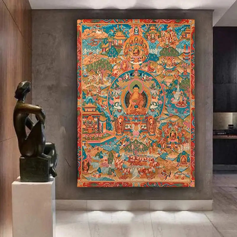 Tableau bouddhiste thangka grand format couleurs rouges ors bleus tradition Vajrayâna