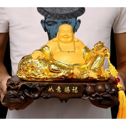 Grande statue de bouddha rieur assis - Or (29x16x19cm)