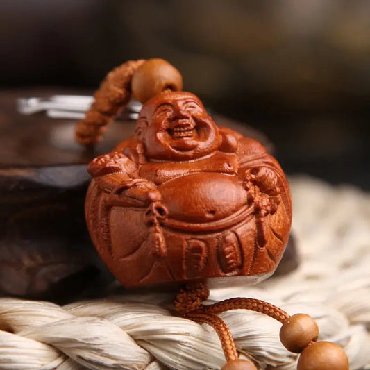 Porte-clés Bouddha Rieur en bois de pêche