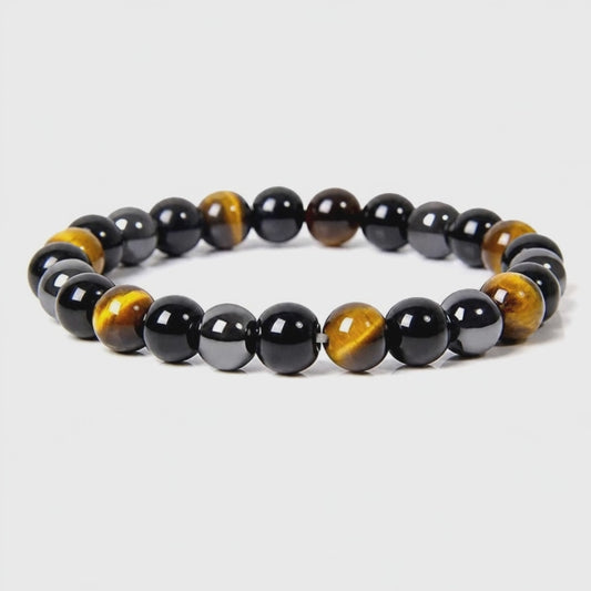 Bracelet de protection perles oeil de tigre, obsidienne, hématite : rotation 360