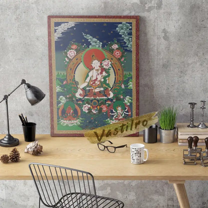 Toile Thangka bouddhiste Bodhisattva, composition Vajrayâna sur toile texturée