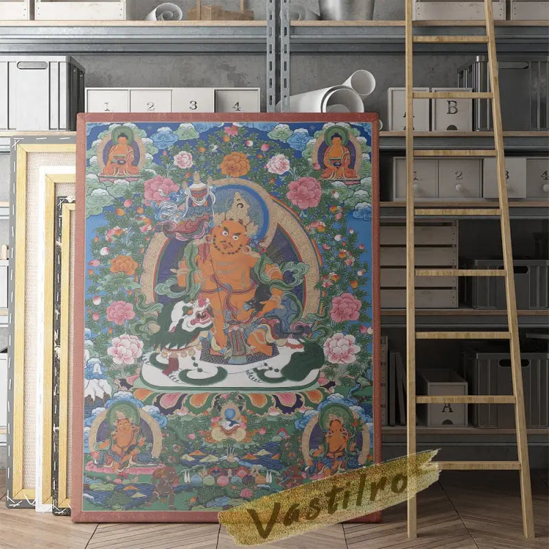 Détail encre imperméable tableau Thangka tibétain, couleurs dorées et rouges