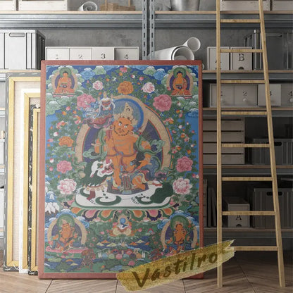 Détail encre imperméable tableau Thangka tibétain, couleurs dorées et rouges