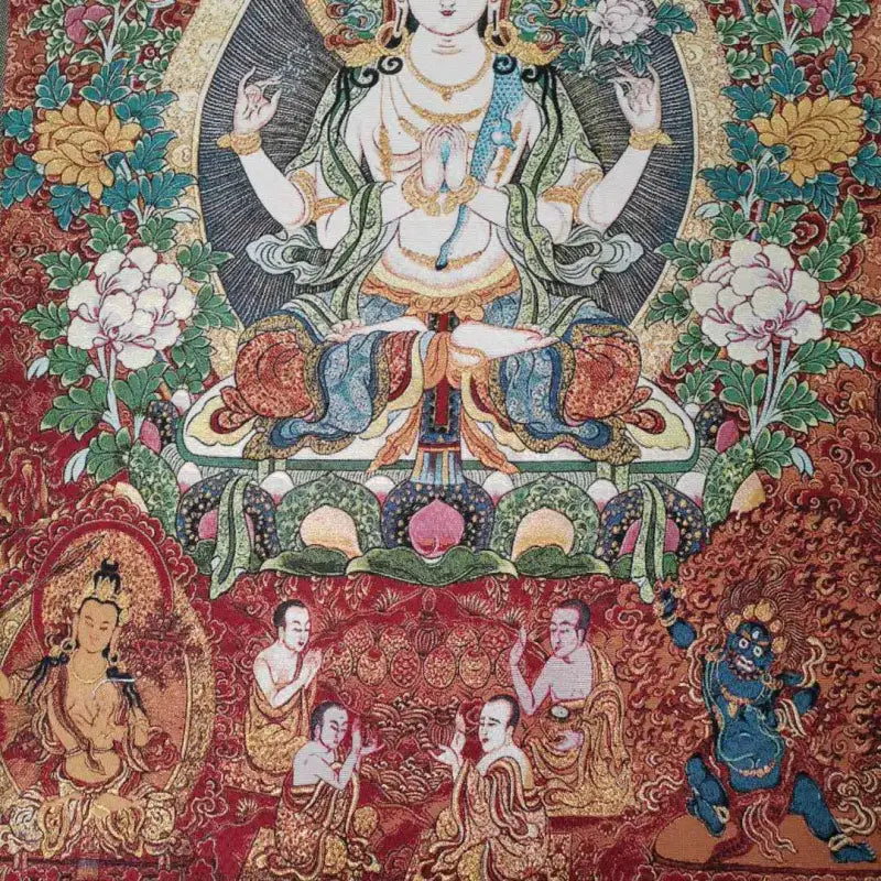 Thangka tibétain en soie Guanyin Kwan-yin