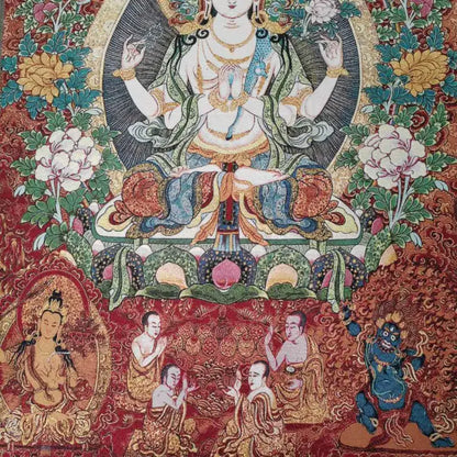 Thangka tibétain en soie Guanyin Kwan-yin