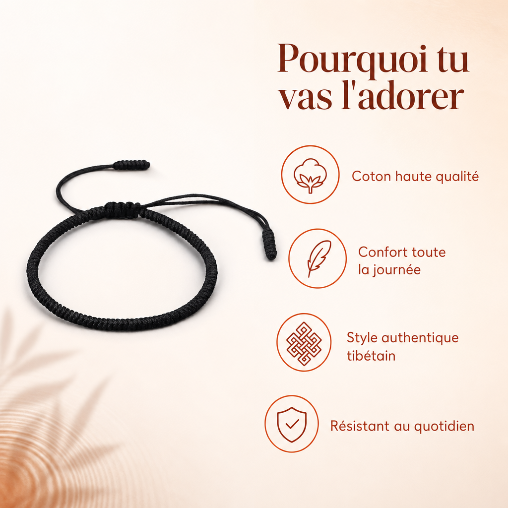 Bracelet tibétain noir en coton tressé, bénéfices clés résumés